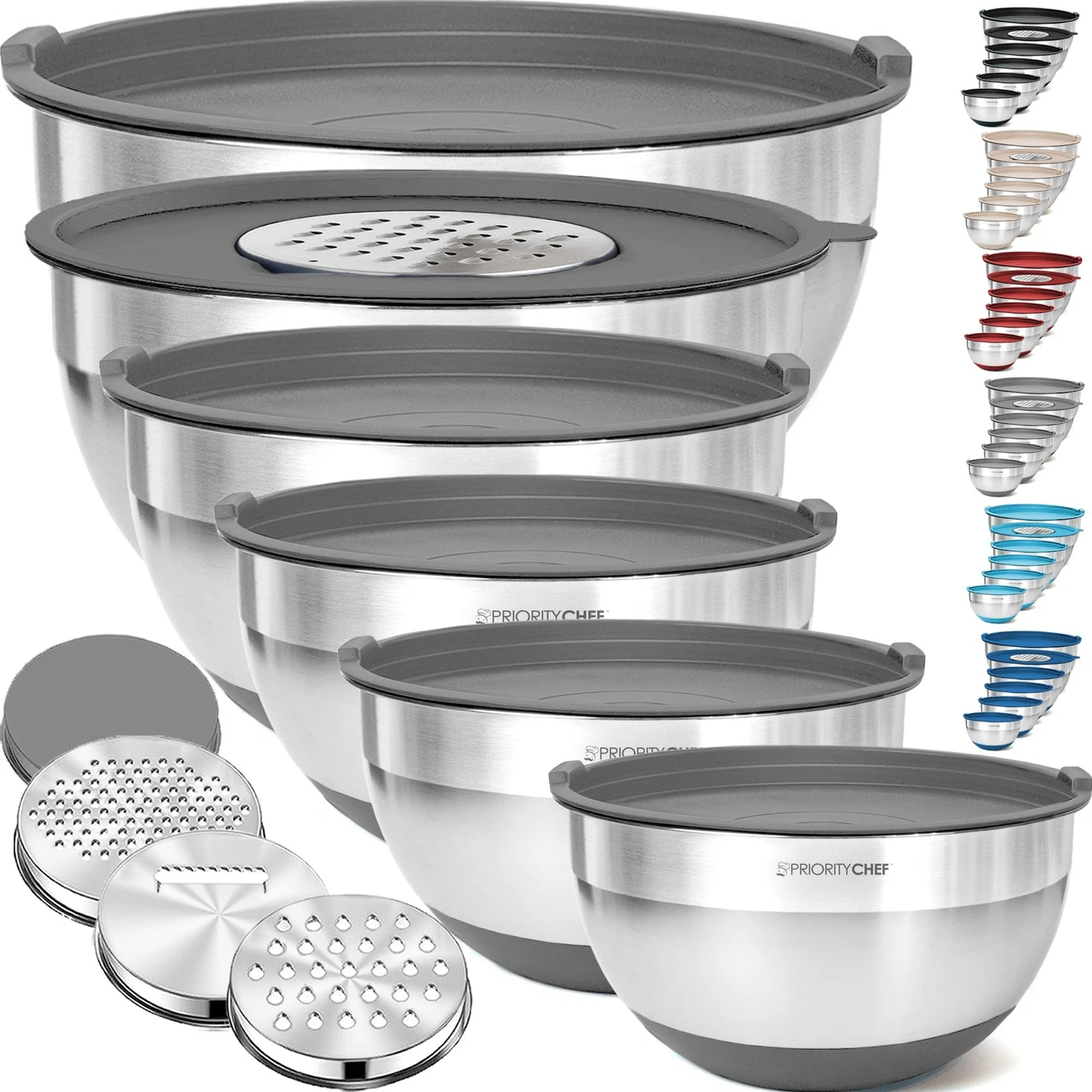 Priority Chef 6Pc Large Mixing Bowls With Lids Set 1/1.5/2.1/3/4/6 Qt, Gray