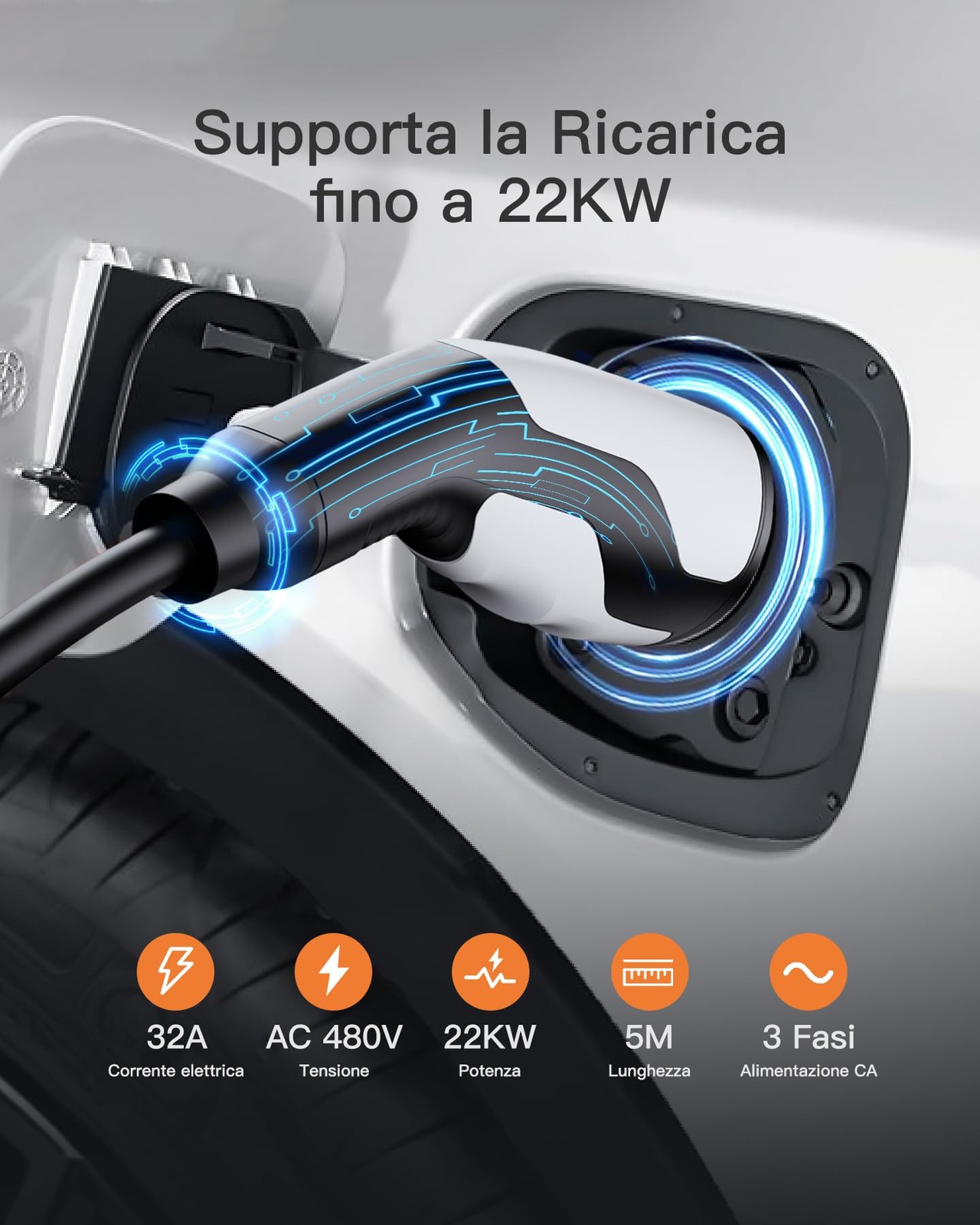 Cavo Ricarica Tipo 2 22kw 5m 32A Trifase per Auto Elettrica Ev Phev 32A - Miniatura 16
