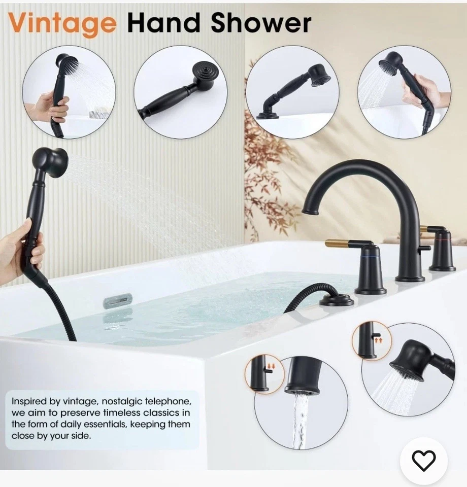 Набор смесителей для римской ванны Wintap из черного и розового золота с ручным душем и латунным клапаном - Изображение 3 из 4