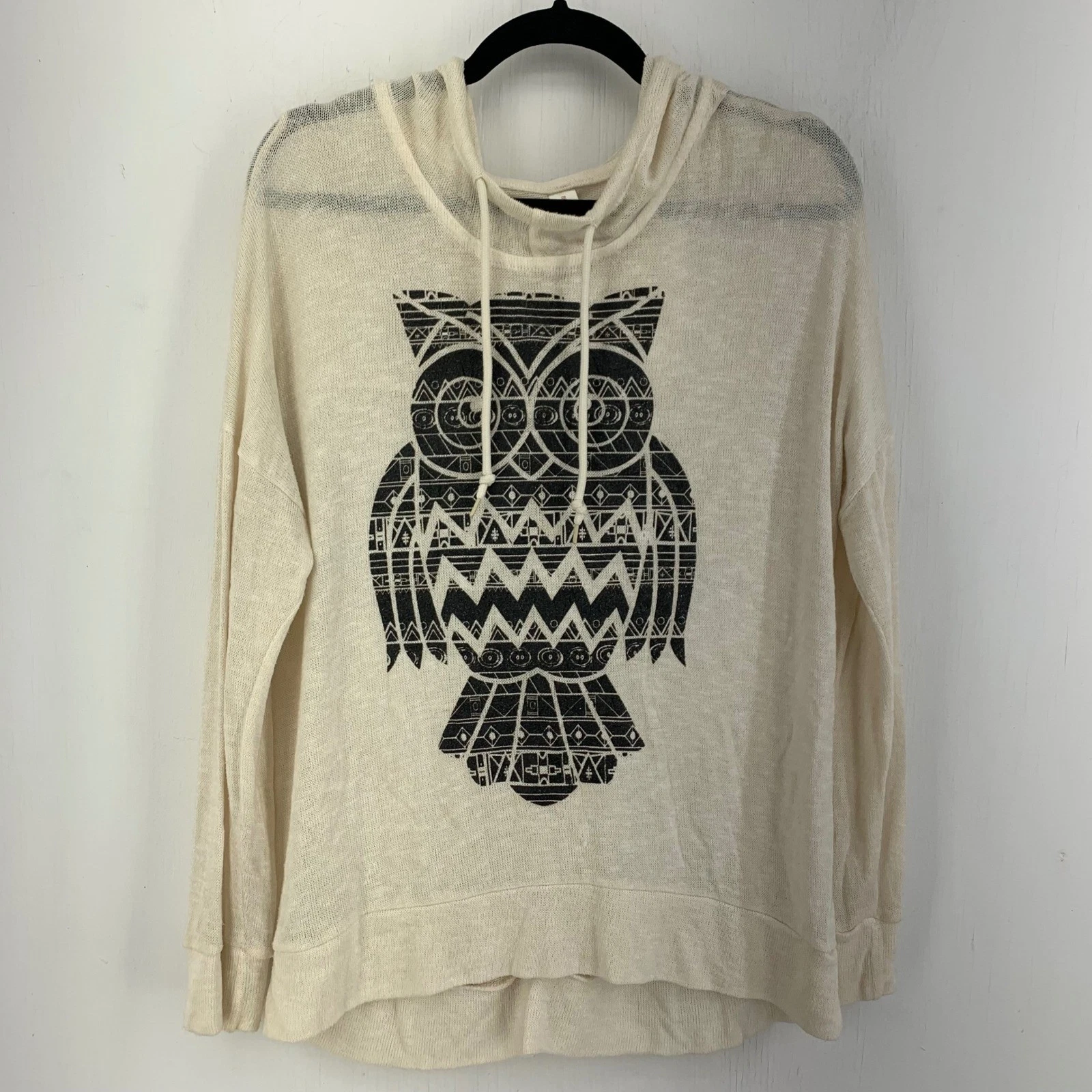 Tribal Owl Graphic Womens XL Lightweight Slub Knit Pullover Hoodie Boho Indie