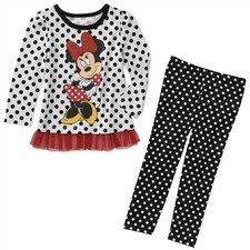 2013 Disney Minnie Mouse 5T Mesh-Ruffled Tunic Tee Leggings Black Red Dots