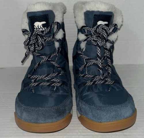 Sorel Whitney Short Lace Waterproof Winter Boots Navy Fur Trimmed Womens 8.5