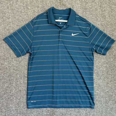 Nike Polo Golf Shirt Mens Sz Large Blue Double White Stripe Performance Dri-Fit