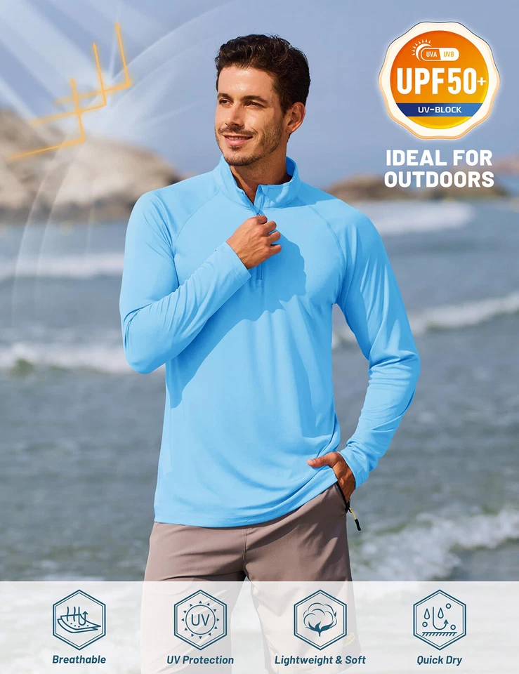 UPF50+ Para hombres 1/4 Cremallera Bloqueador Solar UV Camisas Manga Larga Rendimiento Pesca Camiseta Foto 2 de 4