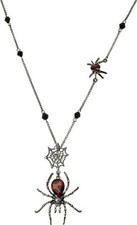 NEW BETSEY JOHNSON BLACK WIDOW SPIDER IN GUNMETAL,RED GLITTER,WEB LONG NECKLACE