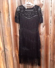 Small SWEET 1920s Vintage Flapper Dress Multi Fringed Great Gatsby Black Silver