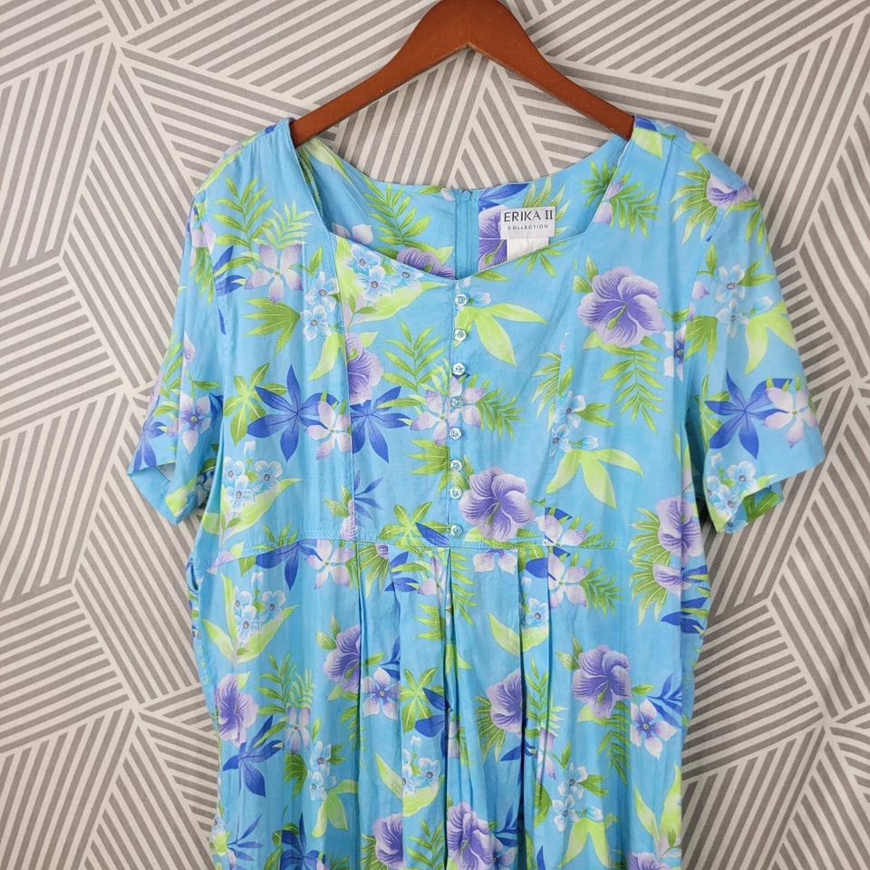 Vestido Vintage Plus 2X 18/20 Midi Floral Largo Azul Tropical Hawaiano Hibisco  Foto 4 de 4