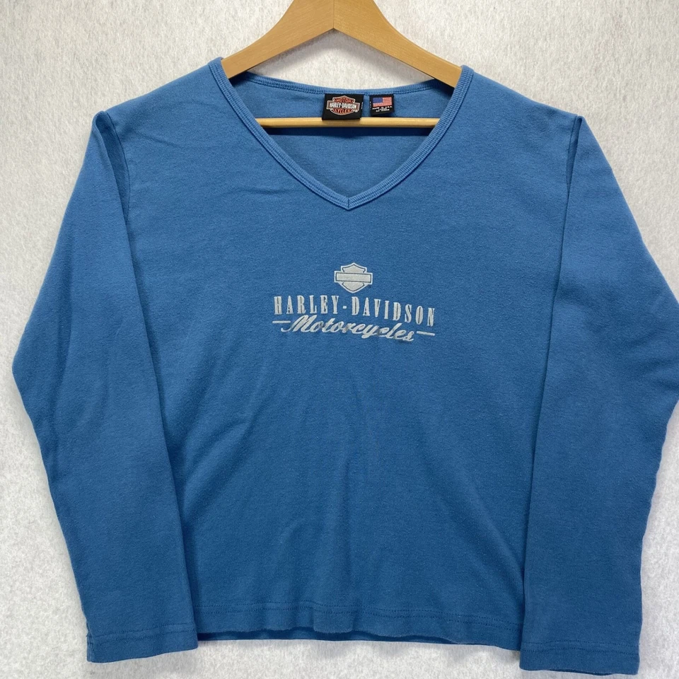 Camisa Harley Davidson para mujer talla grande azul manga larga cuello en V motociclista EE. UU. Y2K Foto 3 de 4