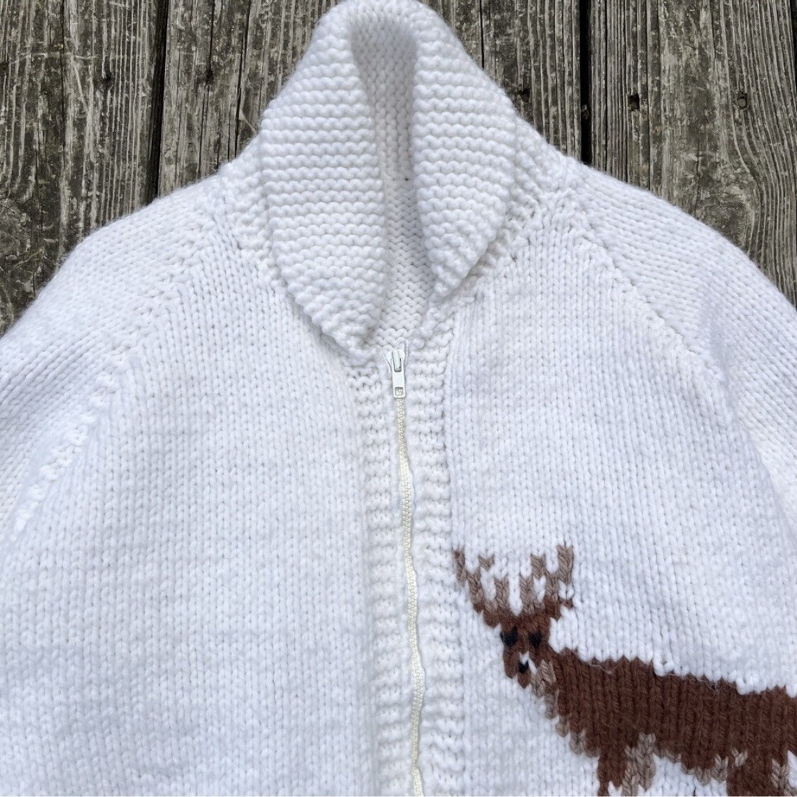 Vintage 60s Mary Maxim Deer Chunky Knit Zip Up Cowichan Cardigan