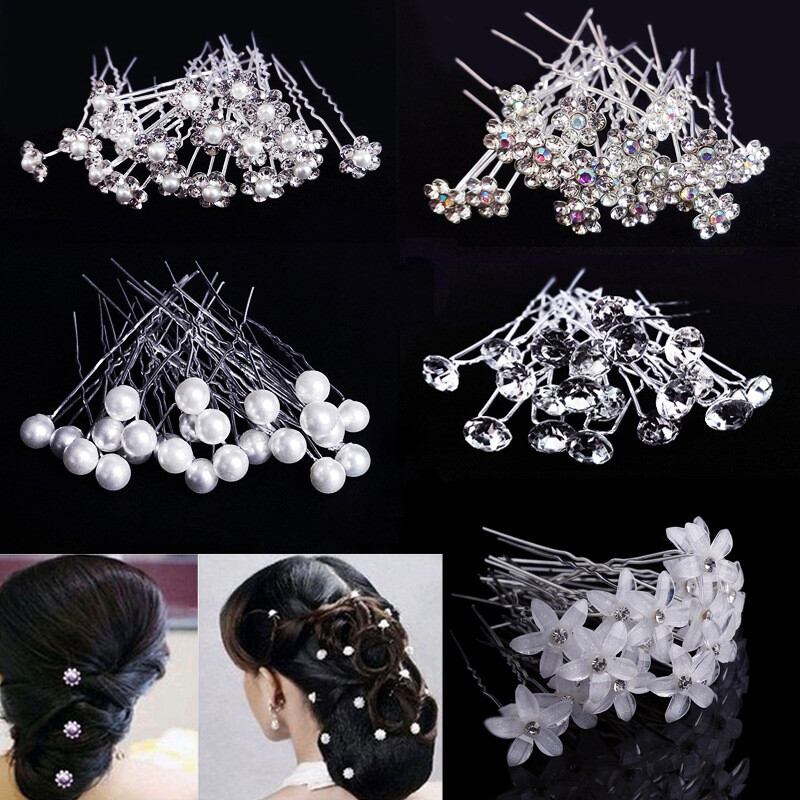 20pc Women Flower Hairpin Stick Bridal Crystal Pearl Hairpin U Shaped Hair Clip❈