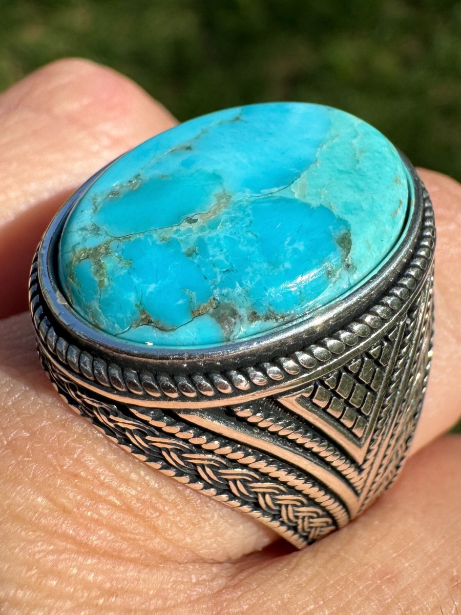 Natural Turquoise Mens Real Solid 925 Silver Handmade Oval Native