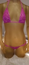 Exotic Dancewear Stripper 2pc Hot Pink Sparkly Bikini Thong Set Blacklight 