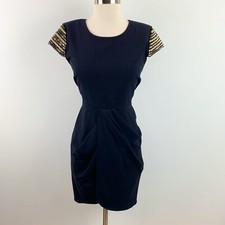 Guess Black Evening Front Drape Cocktail Dress Shoulder Cap Studded Sleeves, 6