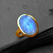 Blue Fire Faceted Rainbow Moonstone Gemstone 14K Yellow Gold Custom Made Ring