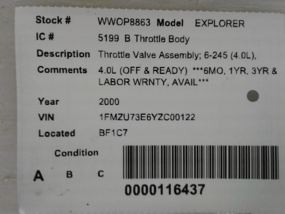 Used Fuel Injection Throttle Body fits: 2000 Ford Explorer Throttle Valve Assemb Foto 3 de 4