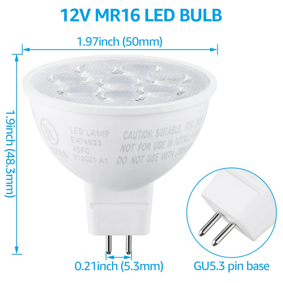 12-Pack 6.5W MR16 LED Bulb, 12V, GU5.3 Bi-Pin Base Spotlight Lamp Bulb, 5000K - Image 2 of 4