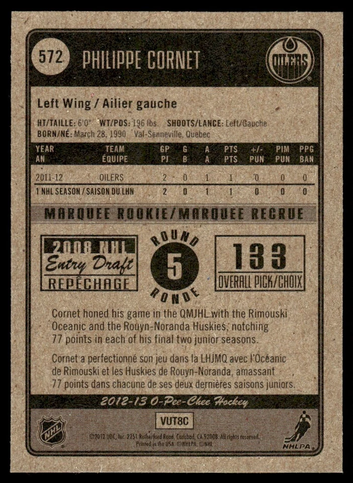 2012-13 O-Pee-Chee MARQUEE ROOKIE Philippe Cornet Rookie Edmonton Oilers #572 - Image 2 of 2