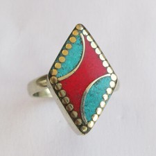 Tibetan Silver Turquoise Red Coral Original Jewelry Adjustable Unisex Ring R50