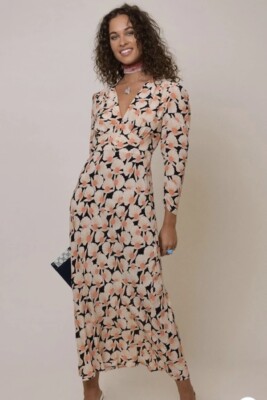 Rixo Selma Pearl Shell Coral Floral Silk Midi Dress Size Medium UK 12