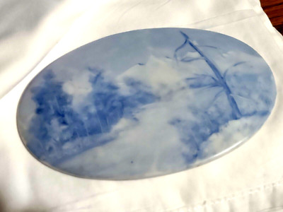 Hand-Painted Porcelain Oval  Artist J.E. Helm Blue & White Landscape Mountains 