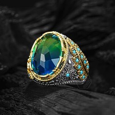 Solid 925 Sterling Silver Turquoise and Tourmaline Stone Men's Ring