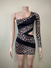Leopard Asymmetrical Sleeve Cutout Bodycon Mini Spandex Dress Small