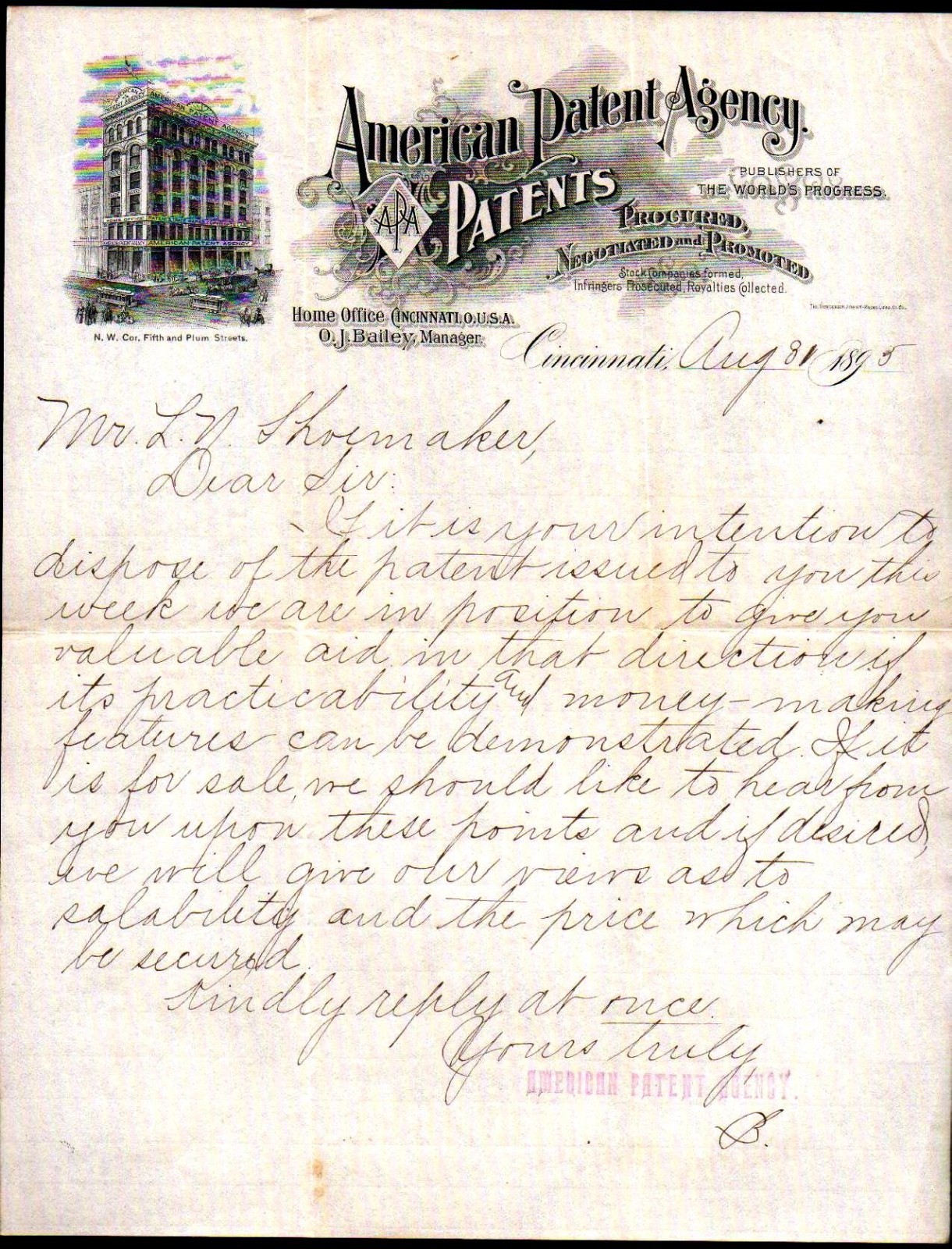 1895 Cincinnati - American Patent Agency - O J Bailey - History Letter ...