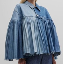 $1704 E.l.v Denim Women's Blue The Pleated Cape Jacket Coat Size L