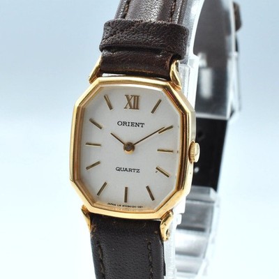 Orient Octagon Quartz Wristwatch & Gold Stainless Steel Brown Leather 16cm