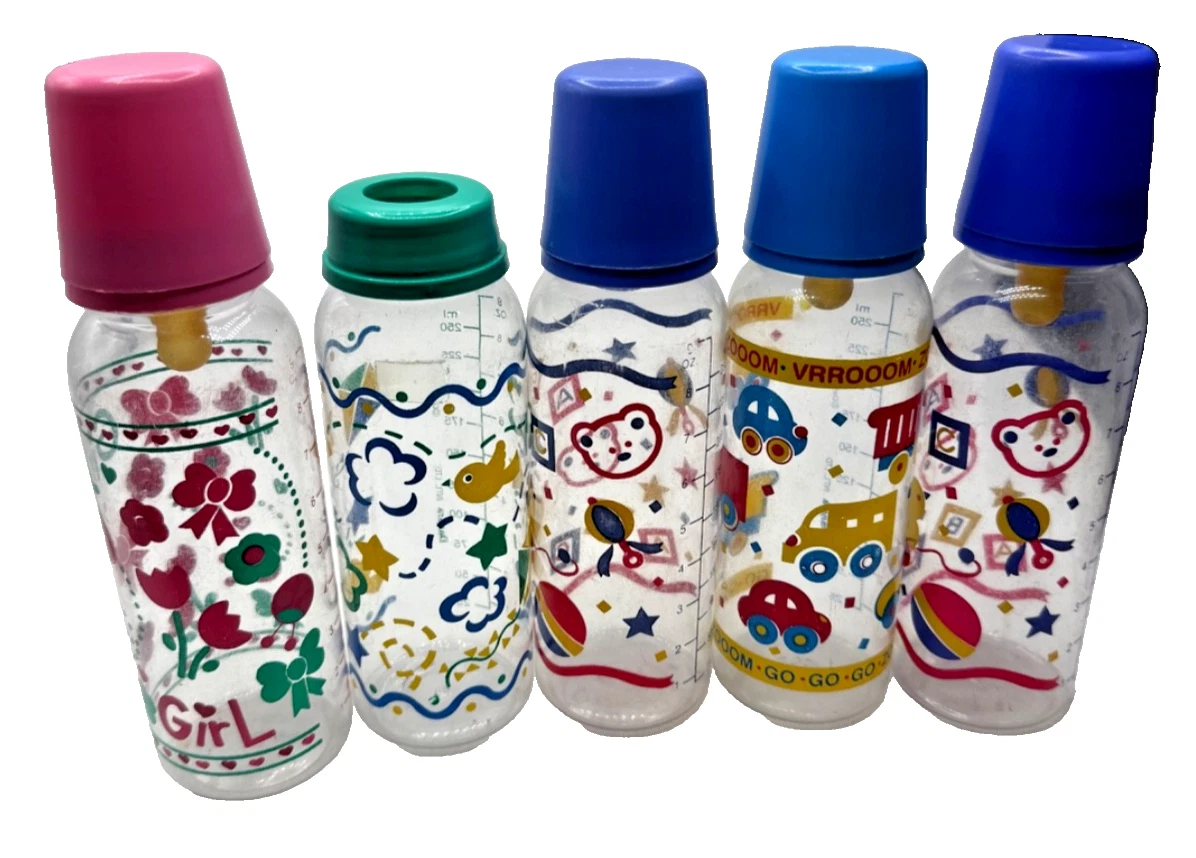 6 Vintage Danara Multicolor Plastic Baby Bottles