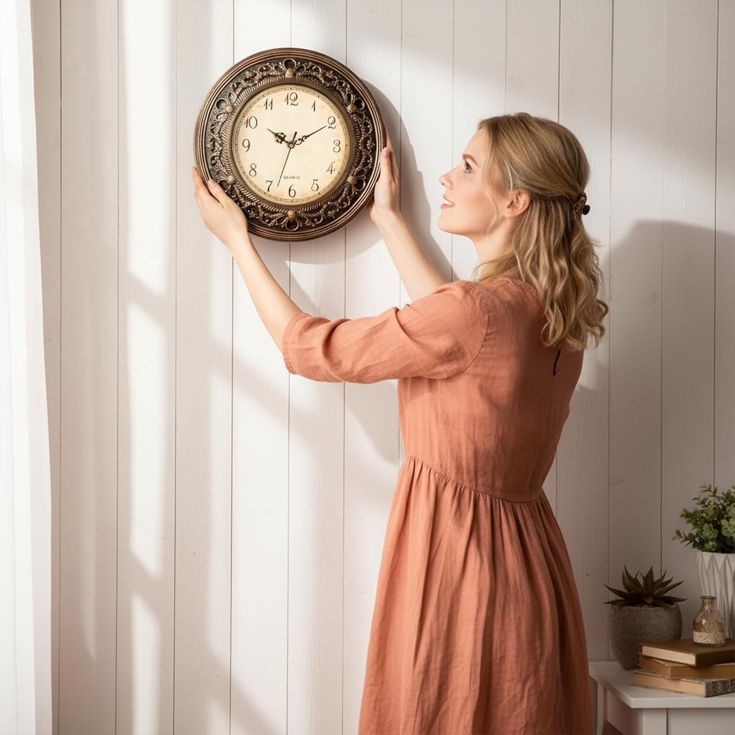 Silent Wall Clock 13 Inch Vintage Large Battery Operated round Bathroom