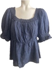 Blusa Campesina Antigua Azul Marino Algodón Manga Corta Bordada Azul Marino Para Mujer M