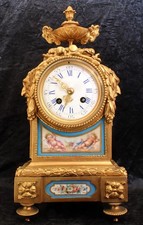 ANTIQUE MOUGIN FRENCH MANTEL CLOCK PORCELAIN PANELS FRONT & SIDES, MASKS, 15