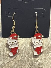 Hello Kitty Whimsical Christmas Charm Gold Dangle Fun Adorable Fashion Earrings