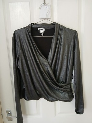 DKNY Damen Glitzer Grau Langarm Wickelbluse