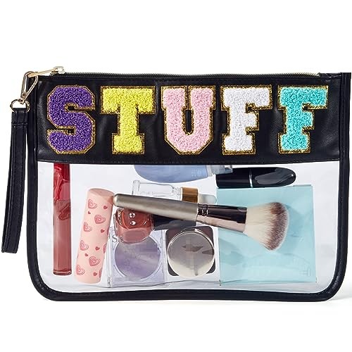 Chenille Letter Bag Clear Flat Pouch, Travel Makeup Bag With Zipper Black-Stuff