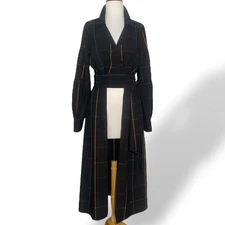 New York & Co Maxi Shirt Dress Over Pants Women Size M Plaid Wrap Top Lagenlook