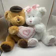 2 Plush Teddy Bears Lot Brown White w/ Heart Pillow, Bow Hat Love Theme