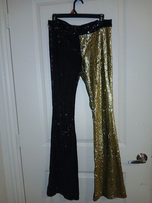Frankie B. Women's Sequin Flare Pants Black Gold Flared Regular