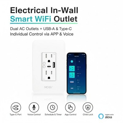 WiFi Smart Wall Outlet w/Type C USB Dual Ports Remote Voice Control Alexa Google