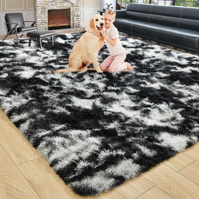 Fluffy 4x6 Area Rugs for Bedroom Living Room,Tie-Dyed Black and White Thick S...