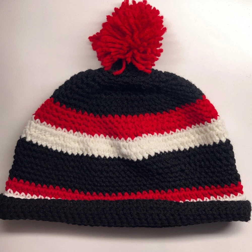 Extra large home knit red black white stripe winter cap