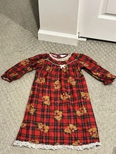 Vintage Candlesticks Red Plaid Girls Nightgown 3T USA  Lace Collar Bears Hearts