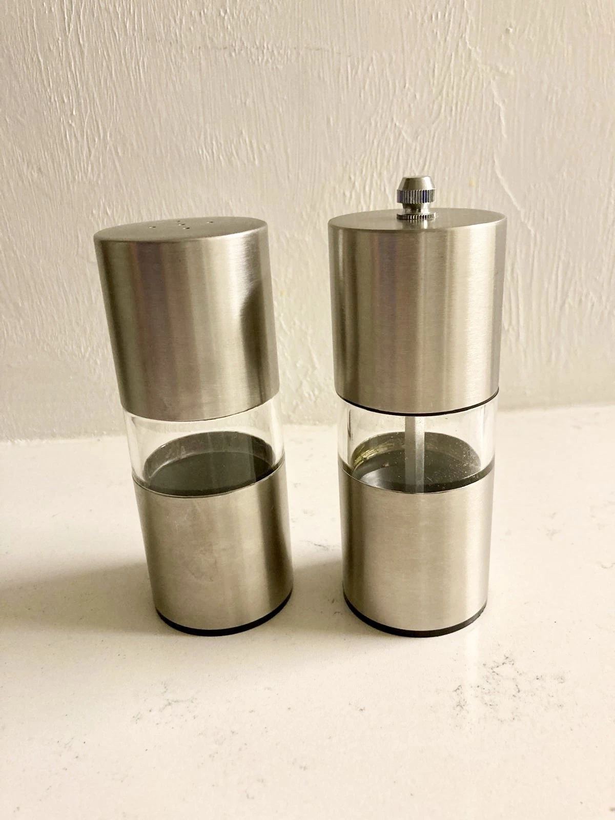 Brushed Stainless Steel Salt Shaker & Pepper Mill Grinder Set Acrylic Window
