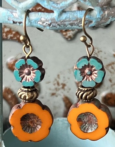 Bronze Earrings, Orange and Teal Picasso Flower Beads. Boho Chic - Picture 2 of 3