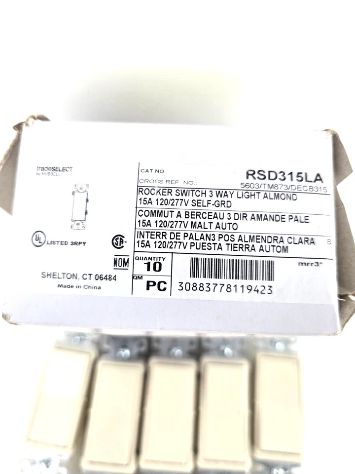 10pcs Hubbell Lt Almond Decorator Smooth Rocker 3-Way Light Switch 15A RSD315LA - Image 2 of 2
