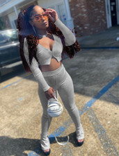 Women's Long Sleeve Crop Top and Flare Pants 2 Piece Set Grey IN STORES NOW 