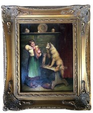 Antique Oil Painting A girl Sharing Bread to Dog & Cat