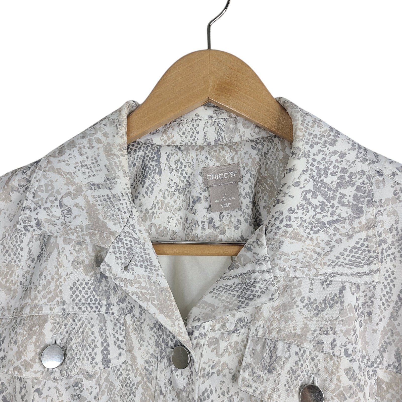 Chico's Python Print Satin Denim Jacket White/Gra… - image 3