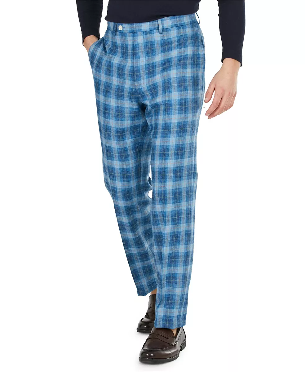 125 Lauren Ralph Lauren LRL Men Classic Fit Linen Blend Blue Plaid Dress Pants